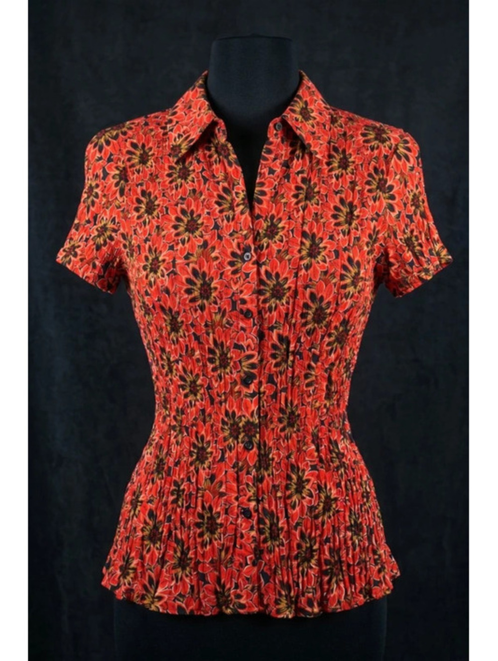 Fred David Stretch Floral Short Sleeve Button-Down Blouse XL Orange Black